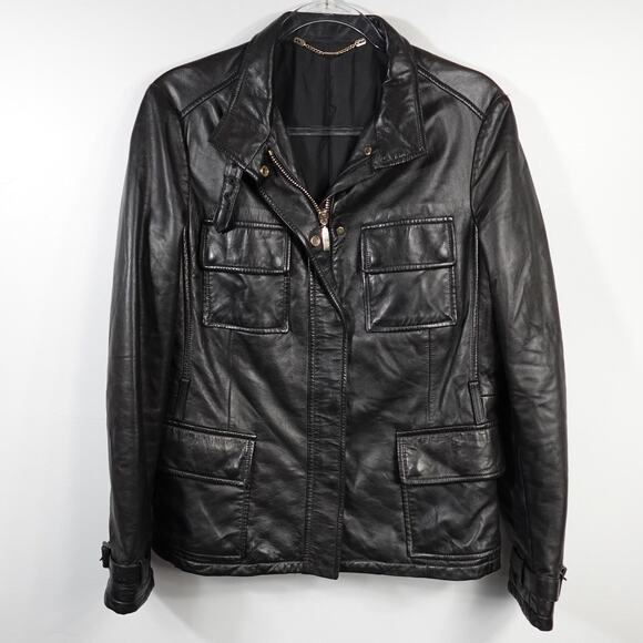 Longhi Black Leather Collared Cargo Utility Moto Biker Jacket Men's 46 Small - Picture 1 of 16